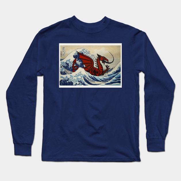 Welsh Dragon in the Great Wave off kanagawa Long Sleeve T-Shirt by Teessential